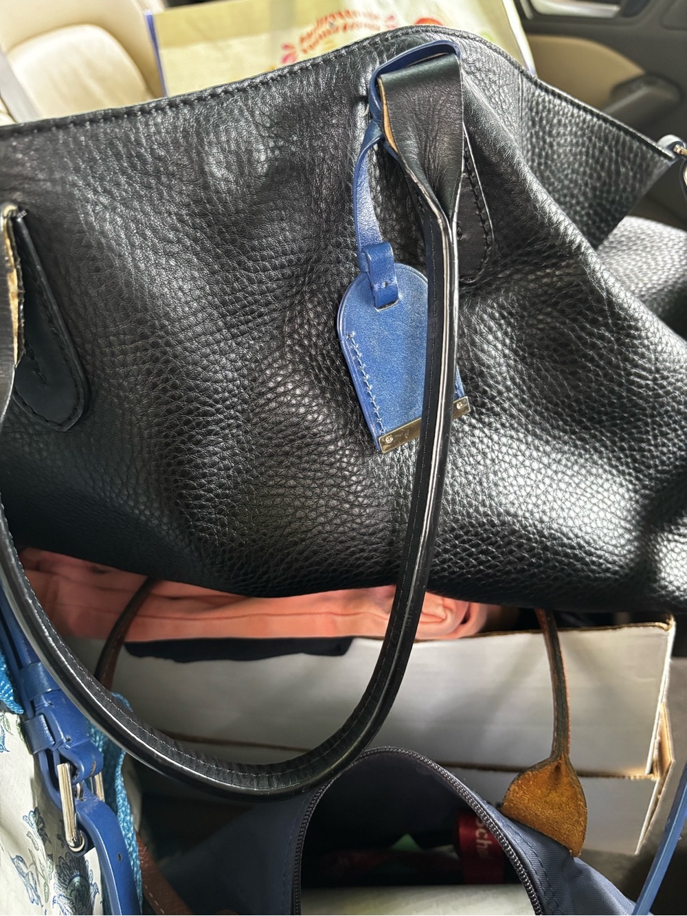 Cole Hahn Classic Black Leather Tote with Blue Accent